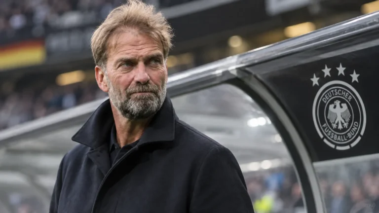 Jürgen Klopp in donkere jas langs de zijlijn van een stadion, met een Duits embleem op het bankpaneel.