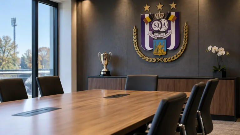 Lege vergaderruimte van RSC Anderlecht met een clubembleem aan de wand.