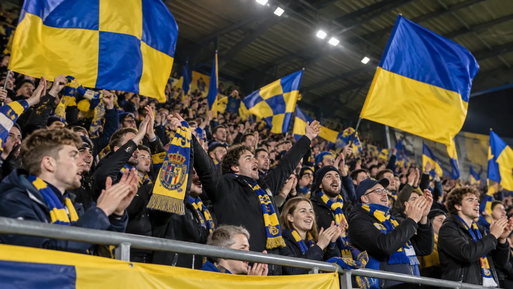 Supporters van SK Beveren zwaaien met blauw-gele vlaggen op de tribune.