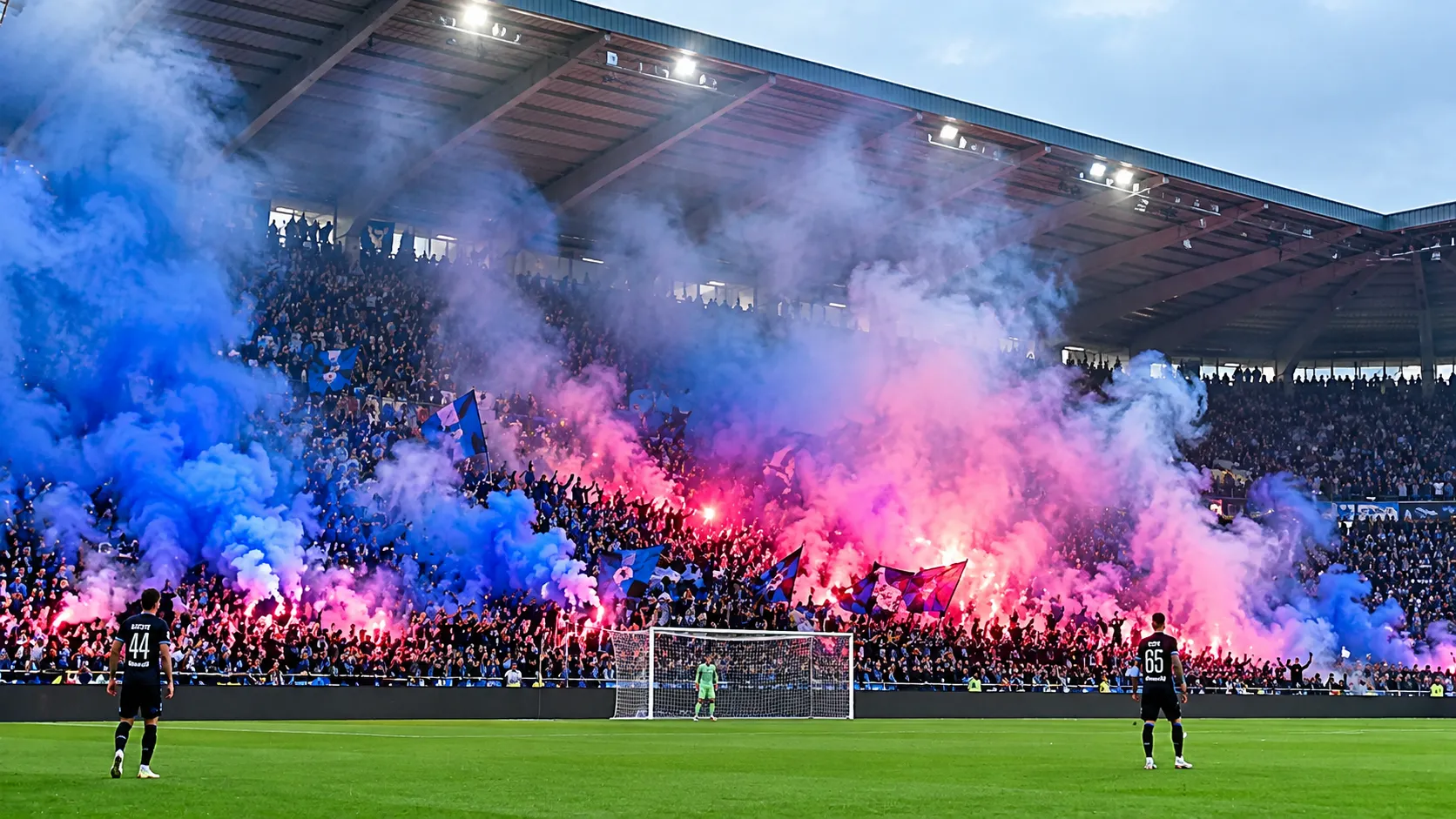 Een volle voetbaltribune met supporters tussen blauwe en roze rookwolken.