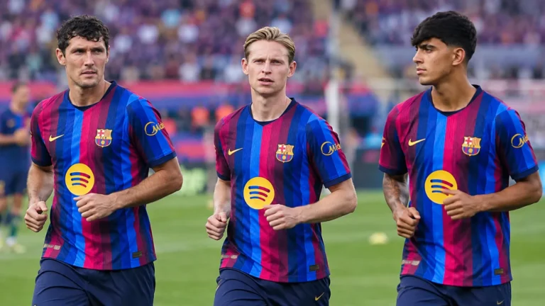 Drie Barcelona-spelers in gestreepte shirts tijdens een gezamenlijke opwarming op het veld.