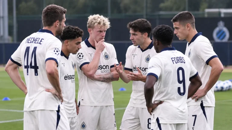 Een groep spelers van Club Brugge in witte wedstrijdshirts overlegt tijdens de opwarming.