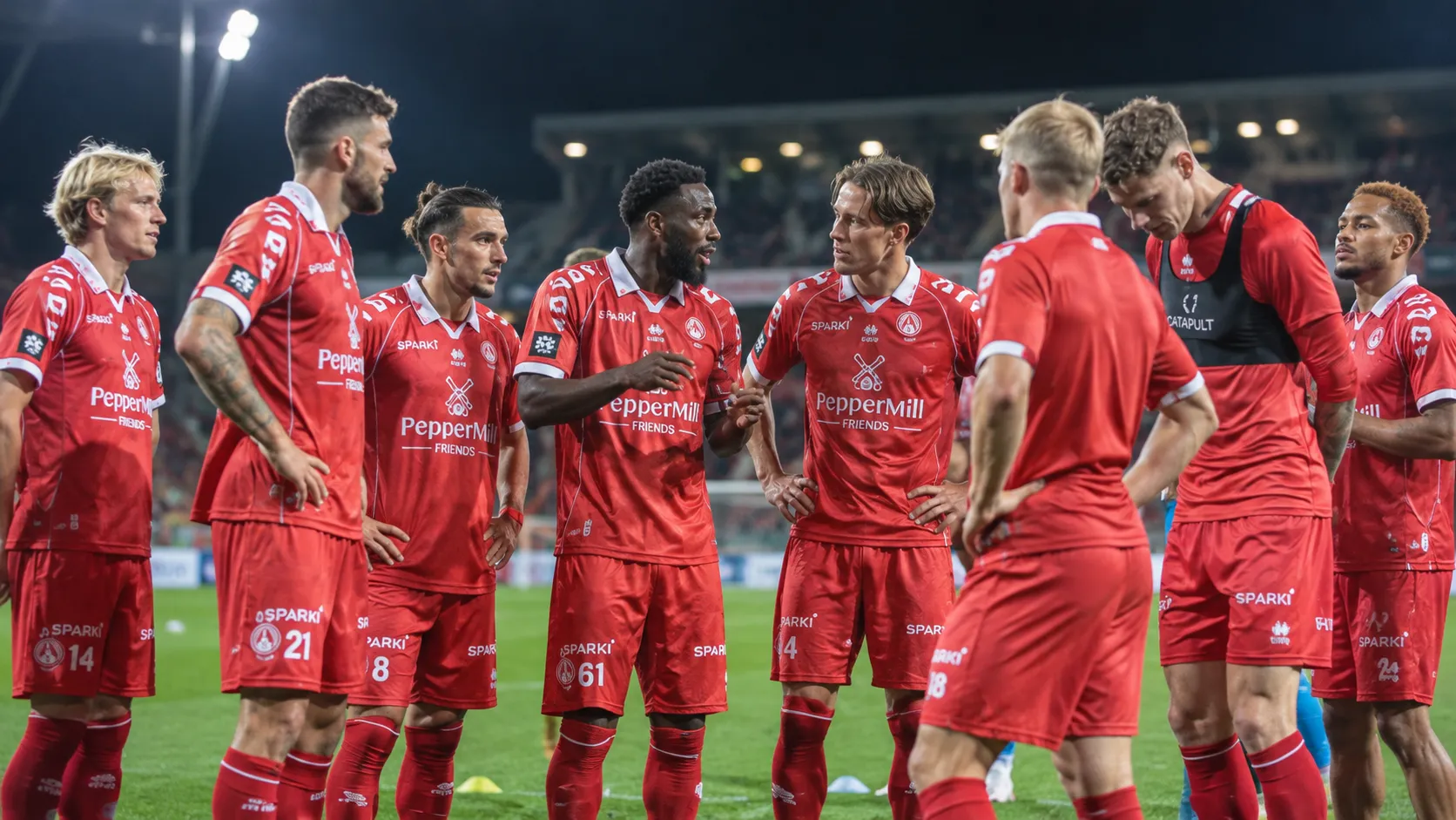 Een groep voetballers in rode wedstrijdtenues vormt een kring op een verlicht veld.