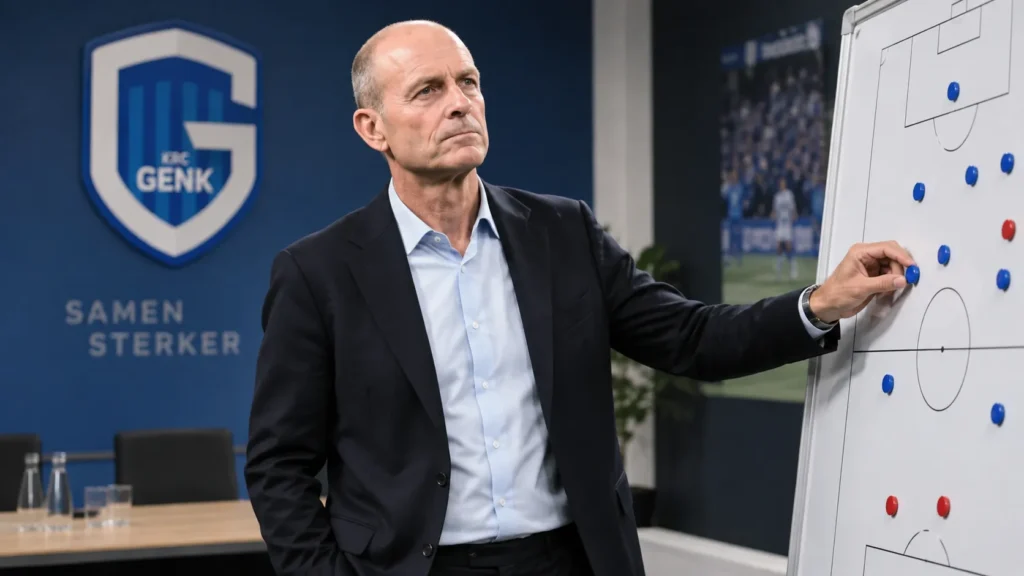krc-genk-winnaarsmentaliteit-jess-thorup-aanpak Een coach van KRC Genk staat in een tactische vergaderruimte bij een vast clubembleem aan de muur.