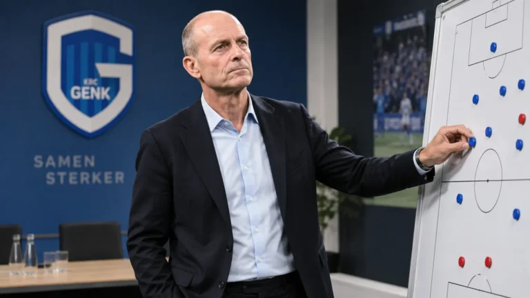 Een coach van KRC Genk staat in een tactische vergaderruimte bij een vast clubembleem aan de muur.