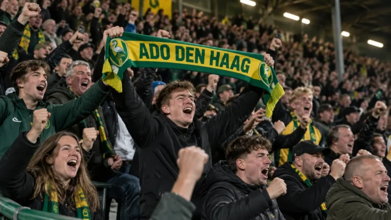 Supporters van ADO Den Haag vieren uitbundig in de tribune met een ADO-sjaal.