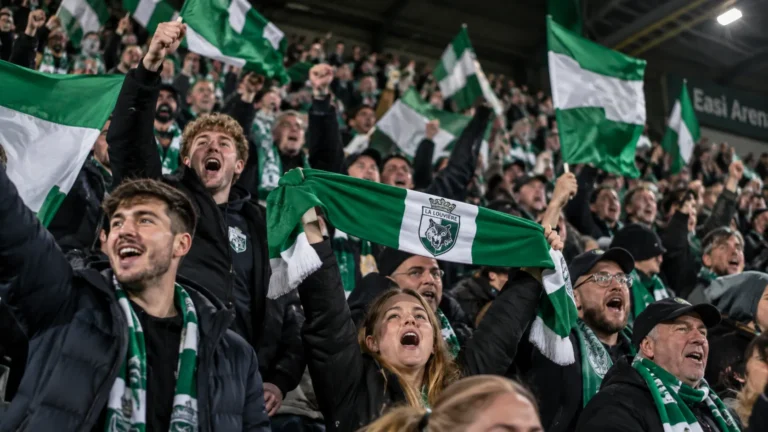 Supporters van La Louvière zwaaien met groen-witte vlaggen in de tribune.