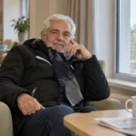 Juan Lozano zit rustig in een lichte gemeenschappelijke ruimte van een woonzorgcentrum.