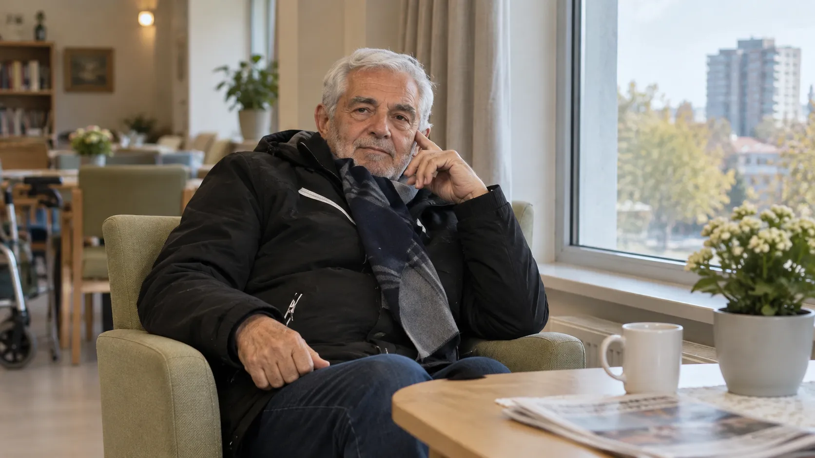 Juan Lozano zit rustig in een lichte gemeenschappelijke ruimte van een woonzorgcentrum.