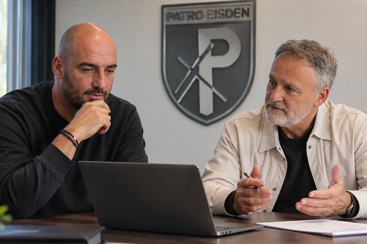 Twee clubvertegenwoordigers zitten aan een vergadertafel met een Patro Eisden-embleem op de wand.