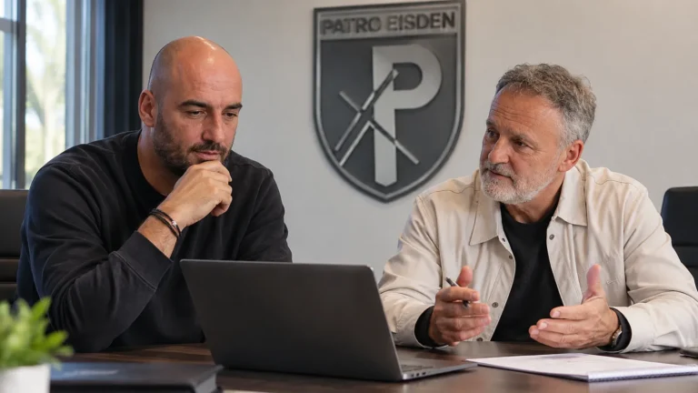Twee clubvertegenwoordigers zitten aan een vergadertafel met een Patro Eisden-embleem op de wand.