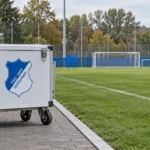 Een lege trainingszijlijn van Hoffenheim met een medische materiaalwagen naast het veld.