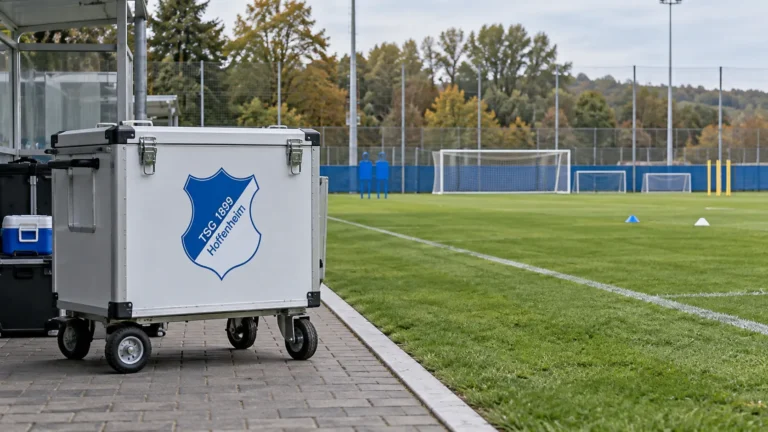 Een lege trainingszijlijn van Hoffenheim met een medische materiaalwagen naast het veld.