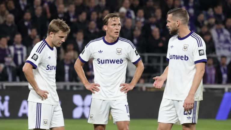 Drie Anderlecht-spelers in witte wedstrijdtenues tijdens een wedstrijd op het Kiel.