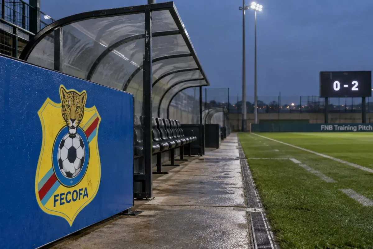 Lege zijlijn van een trainingsveld met een vast DR Congo-embleem op een bord naast de dug-out.