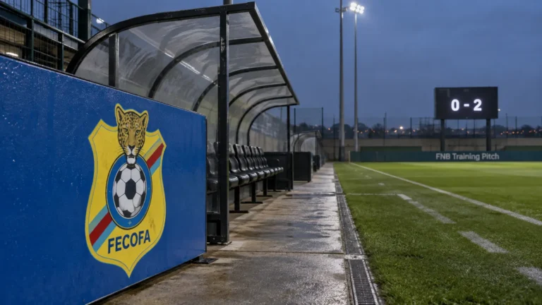 Lege zijlijn van een trainingsveld met een vast DR Congo-embleem op een bord naast de dug-out.