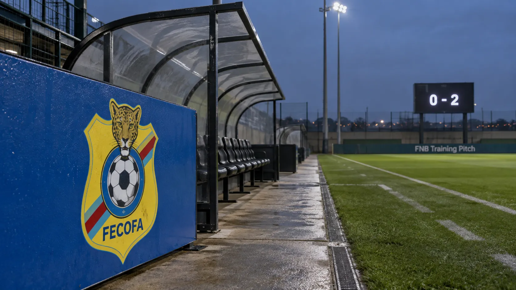 Lege zijlijn van een trainingsveld met een vast DR Congo-embleem op een bord naast de dug-out.