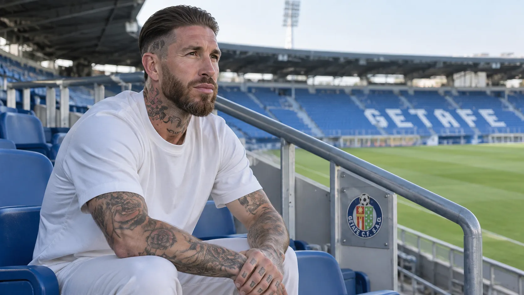 Sergio Ramos in neutrale kledij op een lege tribune met een Getafe-embleem.