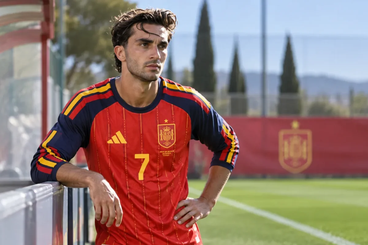 Ferran Torres in het shirt van Spanje aan de rand van een trainingsveld.