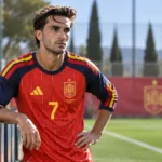 Ferran Torres in het shirt van Spanje aan de rand van een trainingsveld.