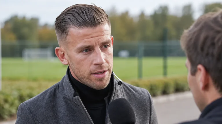 Toby Alderweireld spreekt buiten op een trainingscomplex.