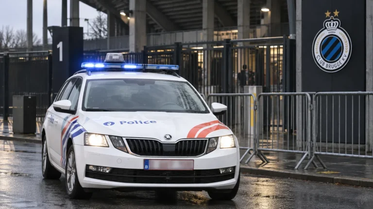 Politievoertuig aan de toegangszone van het Jan Breydelstadion met een Club Brugge-embleem op een vast stadionbord.
