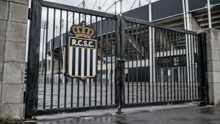 Afgesloten toegangspoort van een voetbalstadion met een Sporting Charleroi-embleem.