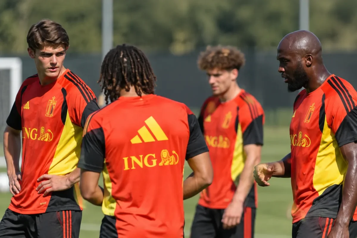 Een groep spelers van de Rode Duivels tijdens een outdoortraining.