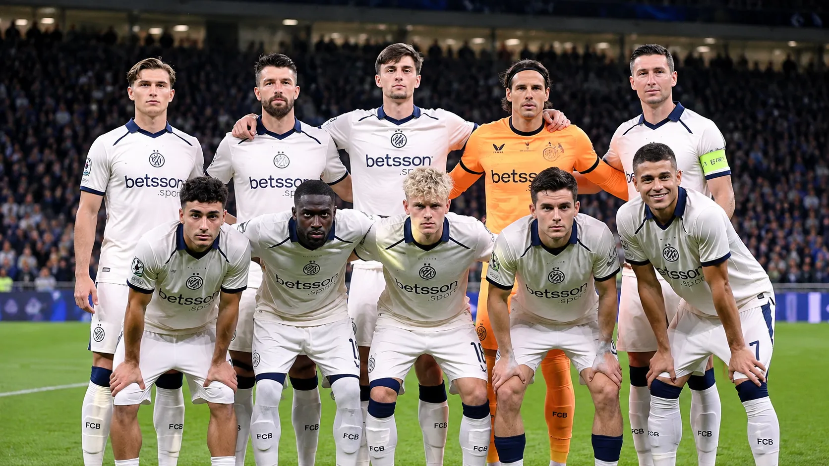 De spelersgroep van Club Brugge poseert samen op het veld voor een wedstrijd.