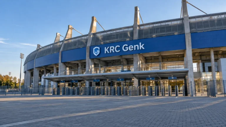 De lege ingang van de Cegeka Arena met een vaste KRC Genk-aanduiding.