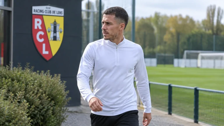 Thorgan Hazard op het trainingscomplex van Lens in neutrale trainingskleding.