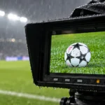 Een regenachtige televisiecamera met een voetbal op de monitor langs het veld.