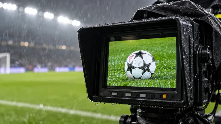 Een regenachtige televisiecamera met een voetbal op de monitor langs het veld.