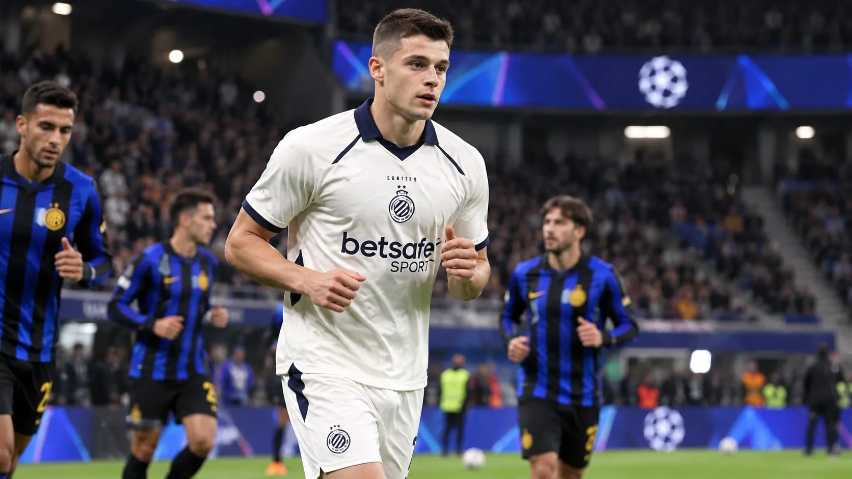 Nicolo Tresoldi warmt op in zijn witte Club Brugge-tenue voor een Europese avondwedstrijd.