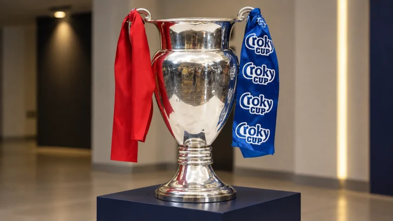 De Croky Cup-trofee met rode en blauwe linten.
