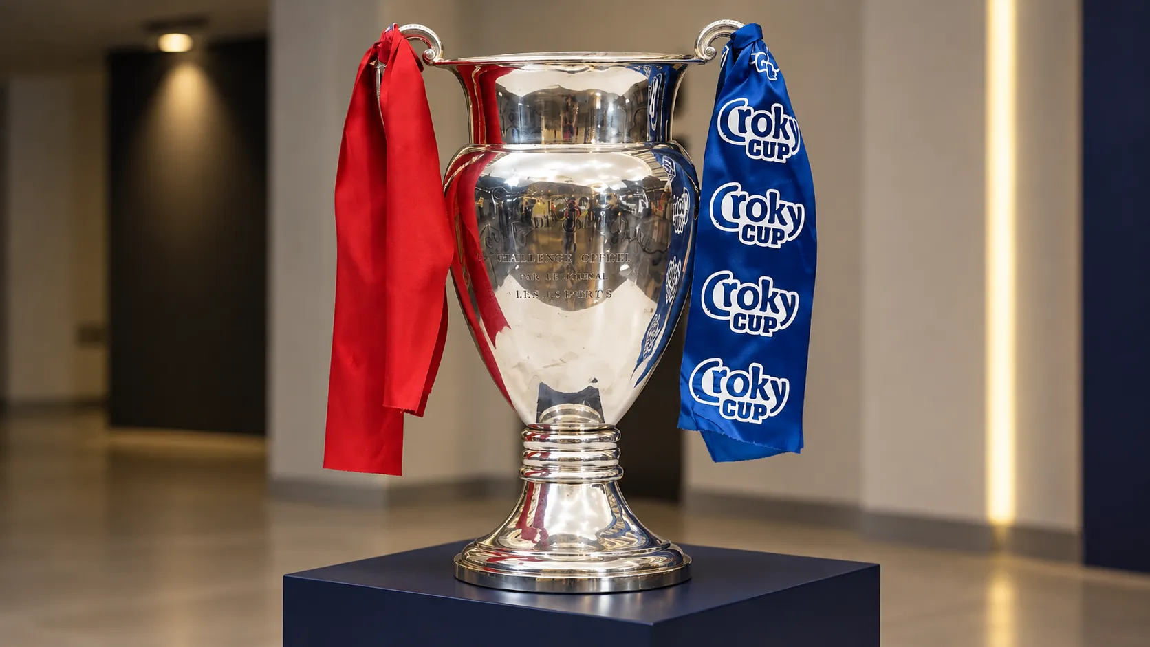 De Croky Cup-trofee met rode en blauwe linten.