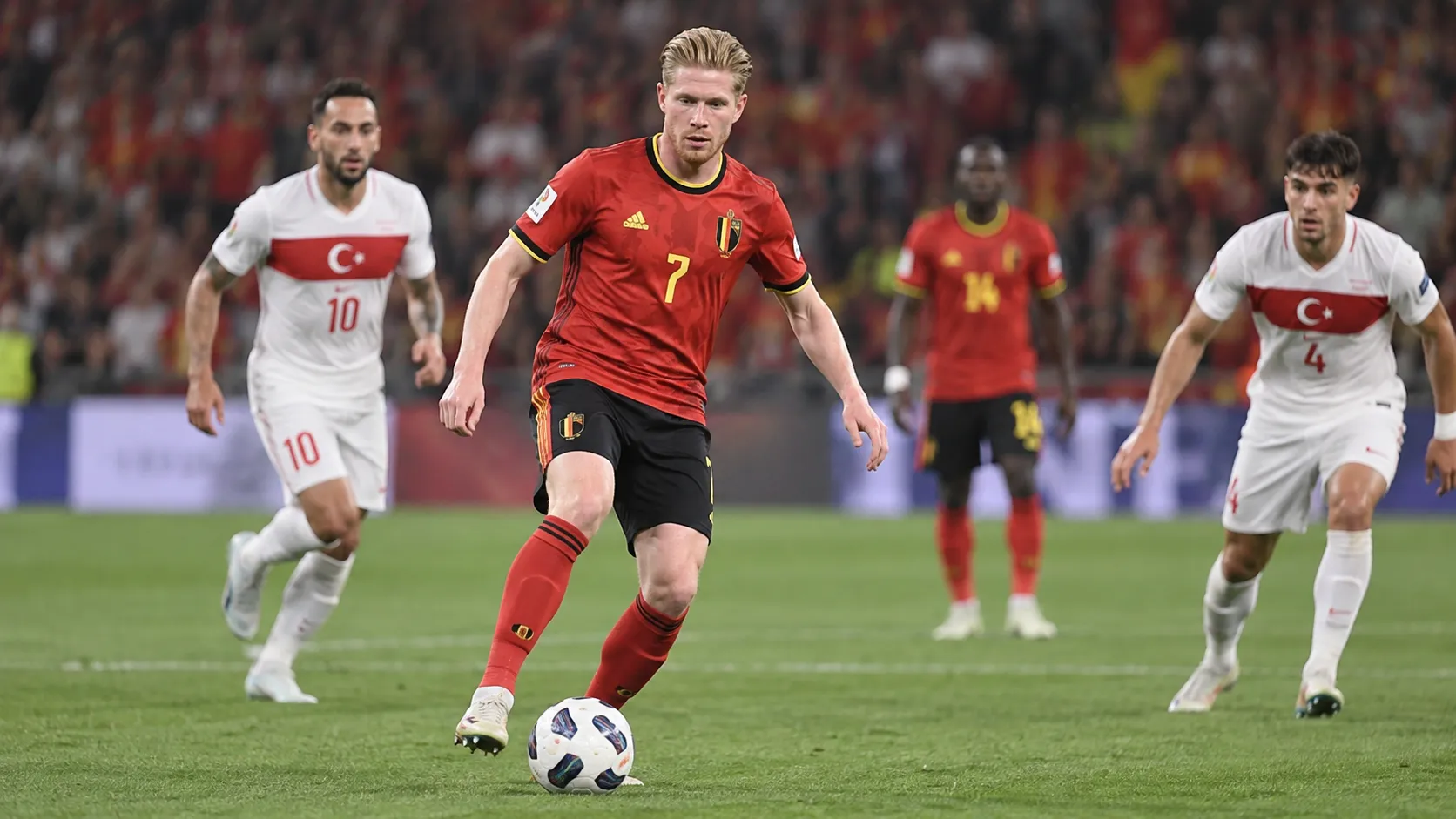 Kevin De Bruyne in het Belgische tenue tijdens een Nations League-wedstrijd.