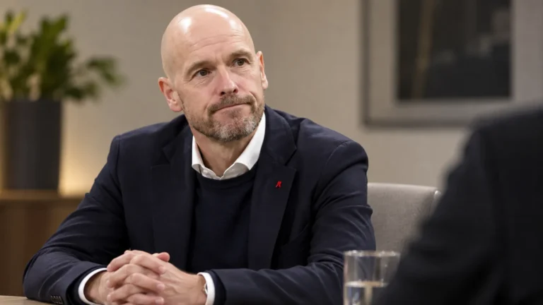 Erik ten Hag tijdens een rustig journalistiek interview in neutrale kledij.