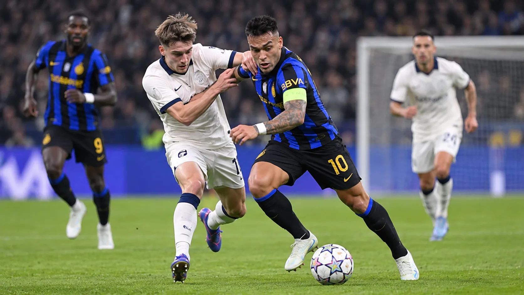 Spelers in blauw-zwart en wit in een duel tijdens een Europese voetbalwedstrijd.