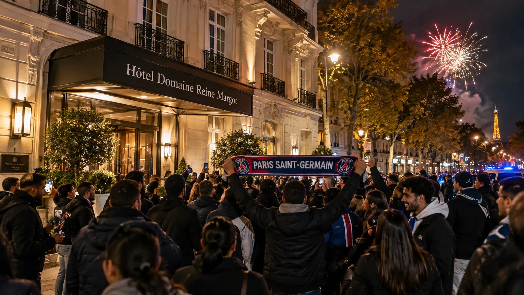 Een groep PSG-supporters met sjaals bij een hotel in Parijs tijdens de nacht.