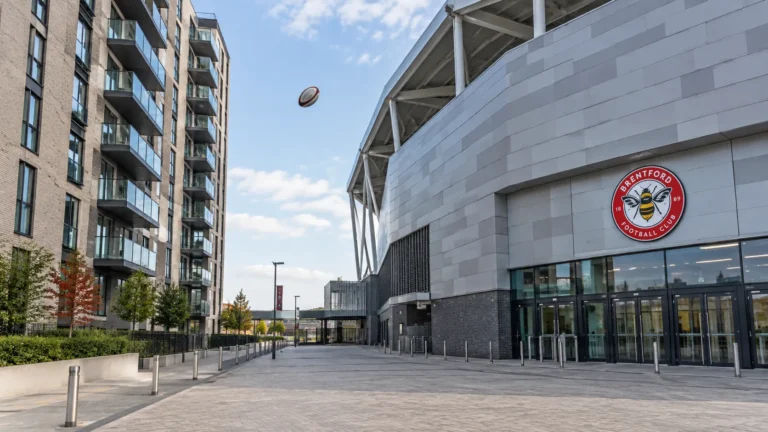 Een rugbybal hangt in de lucht naast het lege Gtech Community Stadium.