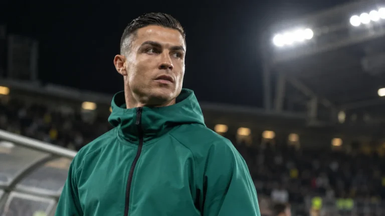 Cristiano Ronaldo in een donkergroene jas aan de zijlijn van een stadion bij avondlicht.
