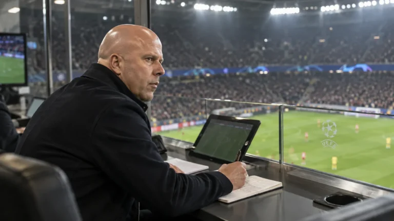 Arne Slot maakt notities vanuit een UEFA-observatiebox in het stadion.