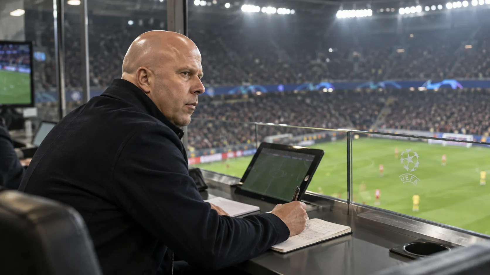 Arne Slot maakt notities vanuit een UEFA-observatiebox in het stadion.