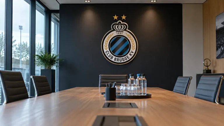 Een lege vergaderruimte van Club Brugge met een vast clubembleem op de wand.