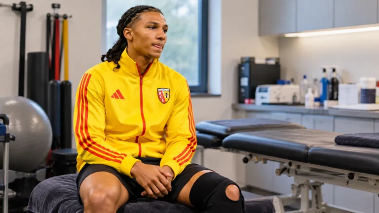 Ismaëlo Ganiou in een gele trainingsjas van RC Lens in een medische herstelruimte.