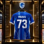 Blauw-wit shirt van Elie Mbavu met rugnummer 73 in het futuristische VoetbalFocus TalentLab.