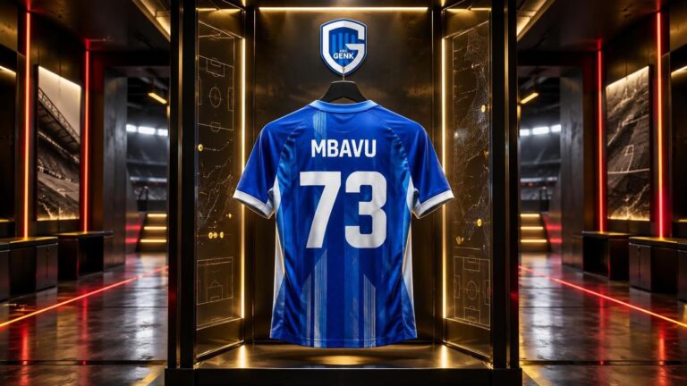 Blauw-wit shirt van Elie Mbavu met rugnummer 73 in het futuristische VoetbalFocus TalentLab.