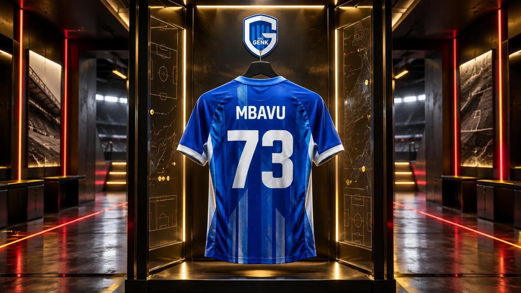 Blauw-wit shirt van Elie Mbavu met rugnummer 73 in het futuristische VoetbalFocus TalentLab.