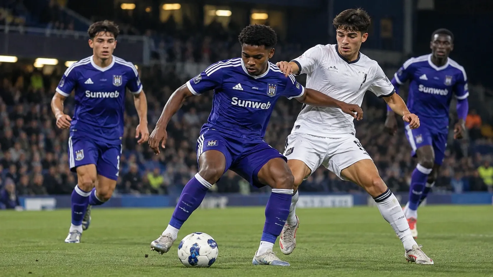 Een groep RSCA Futures-spelers in paarse tenues in actie tijdens een voetbalwedstrijd.
